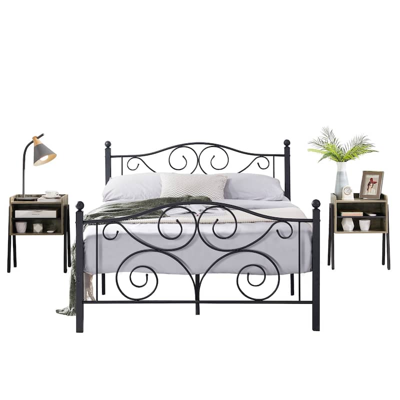 Taomika 3-Pieces Bedroom Sets with Black Bed Frame - Grey Nightstands - Full