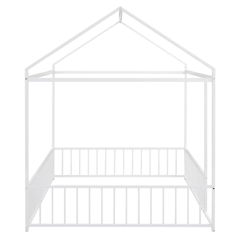White Kids Playhouse Design Full Size House Bed with Fence, Metal ...