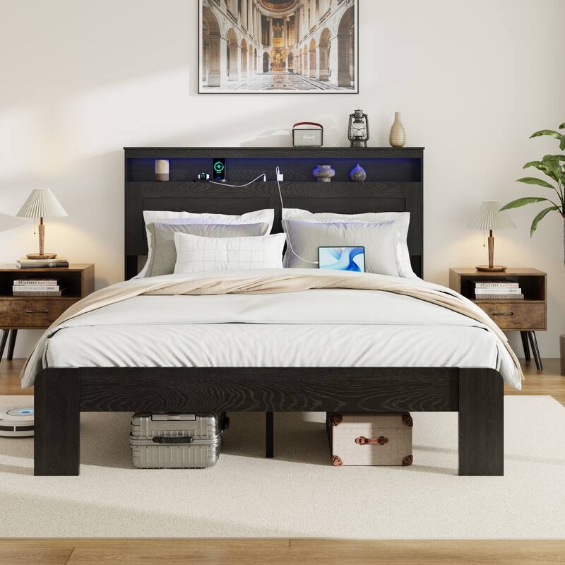 King Size Wood Platform Bed Frame with Storage Headboard, USB Ports, and LED Lights, Easy Assembly, Dark Black