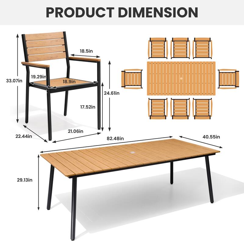 7/9/11-Piece Outdoor Dining Set Aluminum Dining Table with Umbrella Hole and Stackable Chairs