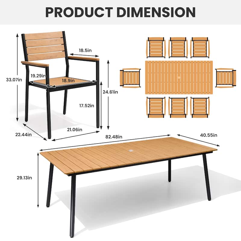Outdoor 9-piece Patio Dining Set Aluminum Dining Table with Umbrella Hole and Chairs