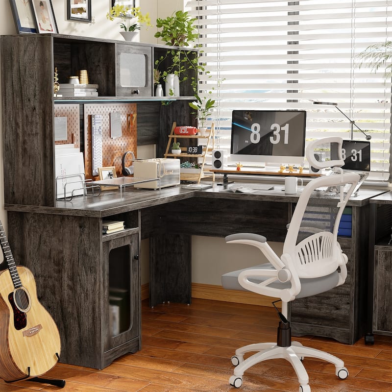 L Shaped Desk with File Cabinet and Hutch, Home Office Corner Computer Desk with Drawers and Charge Station - Grey Oak