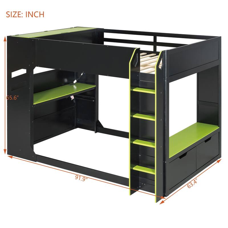 Full Size Loft Bed for Esports, Work with Built-in Adjustable Desk, Hidden Storage Headboard, RGB Light Strips and Hanging Rod