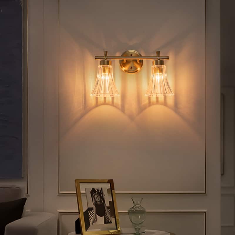 Gold Metal Wall Sconce Ribbed Trumpet Glass Shade for Bathroom Vanity