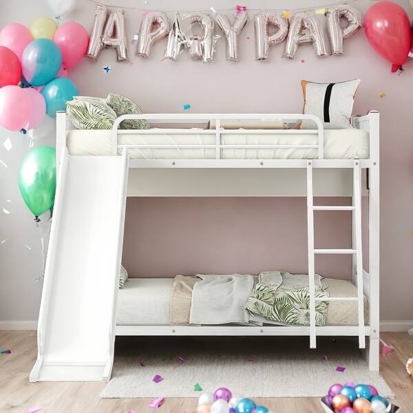 slide 2 of 20, Twin over Twin Metal Bunk Bed with Slide, Slide Bed For Boys & Girls,White White
