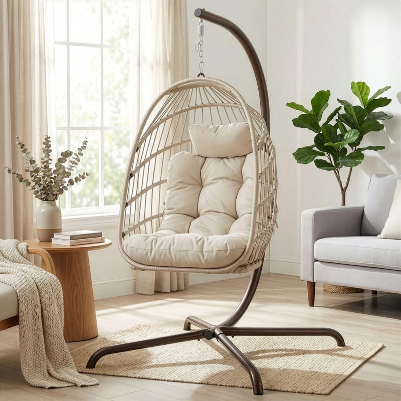 Oversized 1-Person Foldable Hanging Egg Chair - Wicker Swing Chair with Stand, Portable for Indoor Outdoor Patio - Beige