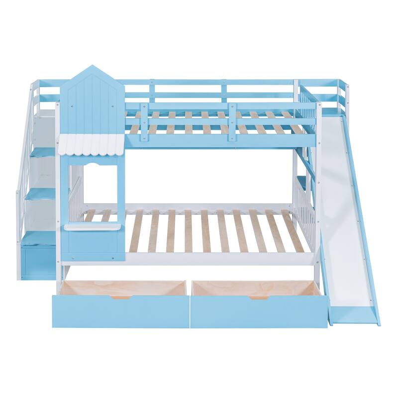 Castle Style Twin/Full Bunk Bed with Slide, 2 Drawers, 3 Shelves, and Playhouse Design