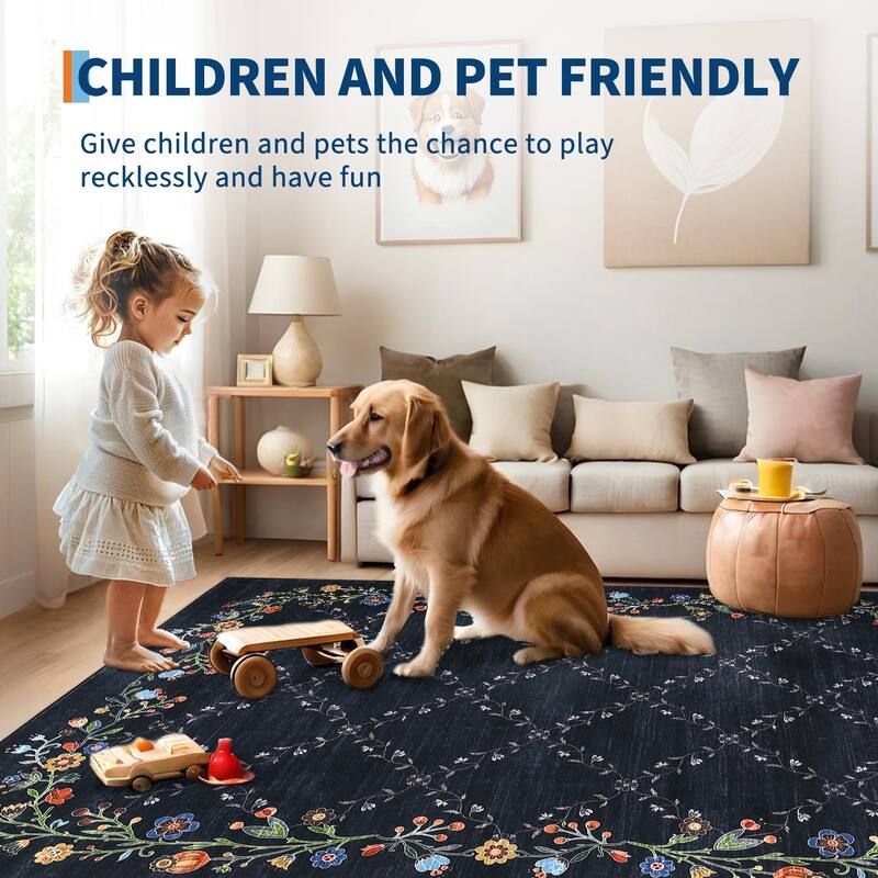 Floral Area Rugs for Living Room Low Pile Non Slip Rugs Washable Soft Foldable Accent Carpet Home Decor