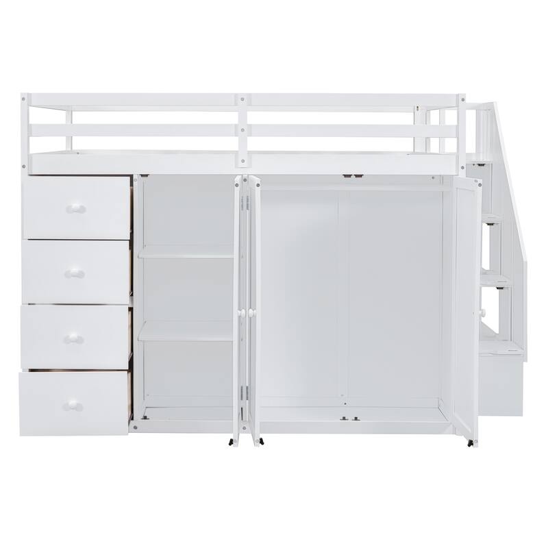 Full Size Wood Loft Bed With Built-in Wardrobes, Cabinets and Drawers