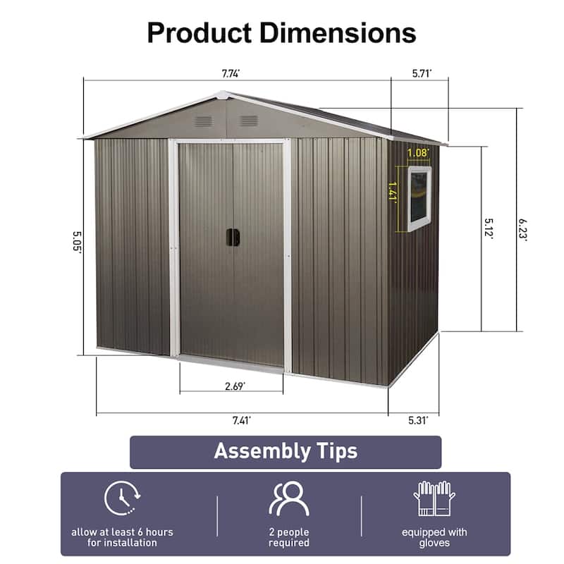 8ft x 6ft Outdoor UV Resistant Metal Storage Shed w/ Doors and Window