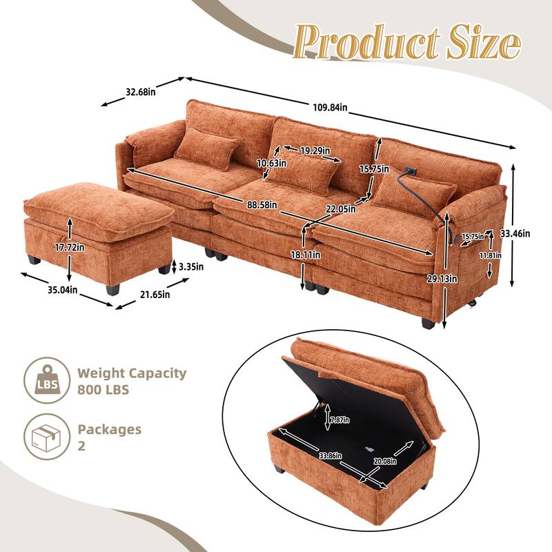 HOMEFUN Chenille Upholstered L-shaped Phone Holder Modular Sectional Sleeper Sofa with Movable Storage Ottoman