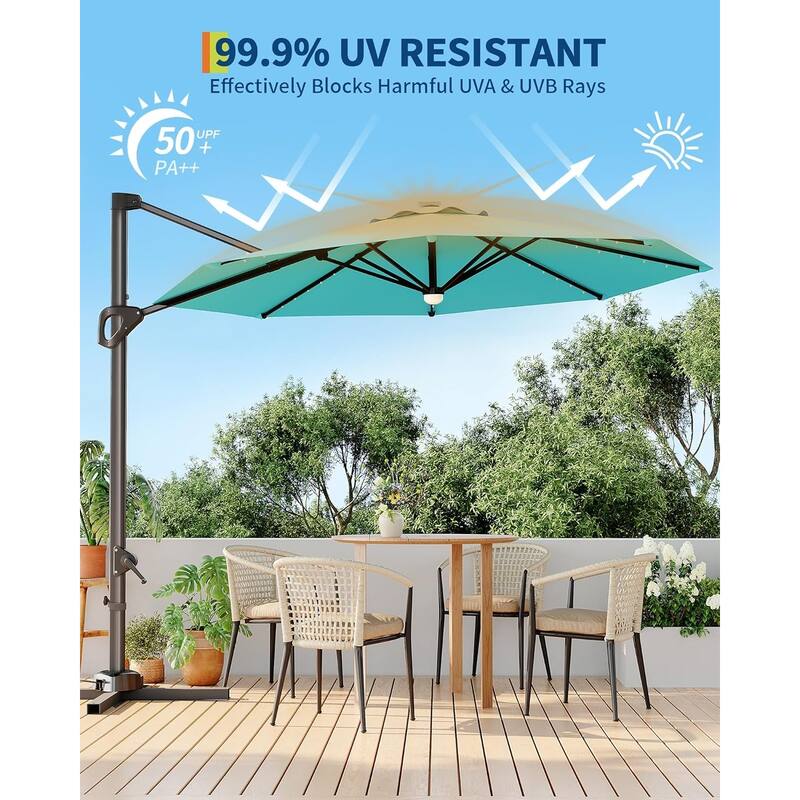 10FT Outdoor Cantilever Umbrella Patio Umbrella Solar LED with Base Included, 360-Degree Rotation