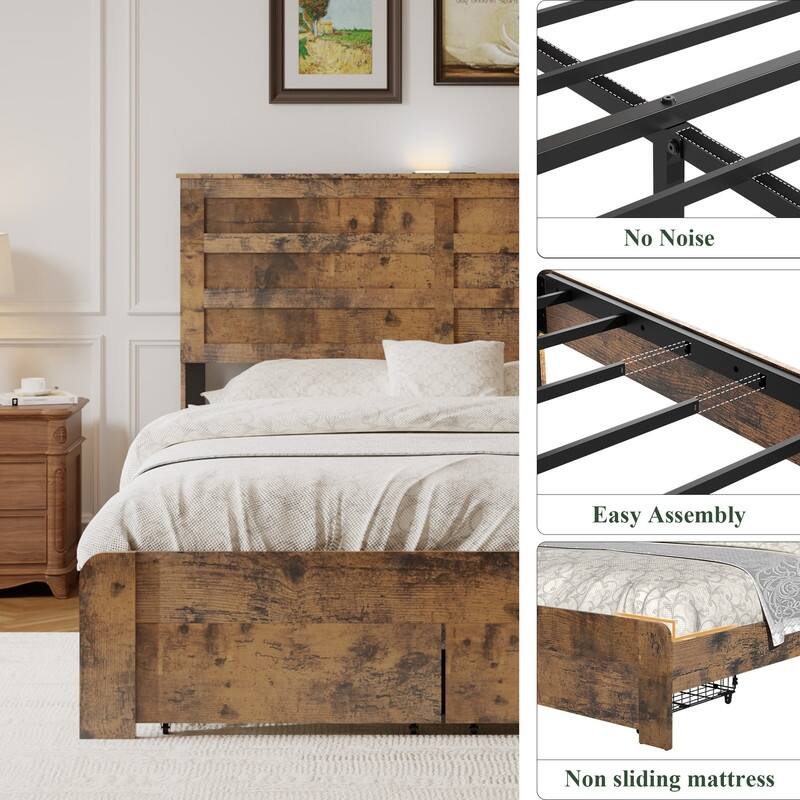 Rustic Wood Platform Bed Frame with 2 Storage Drawers