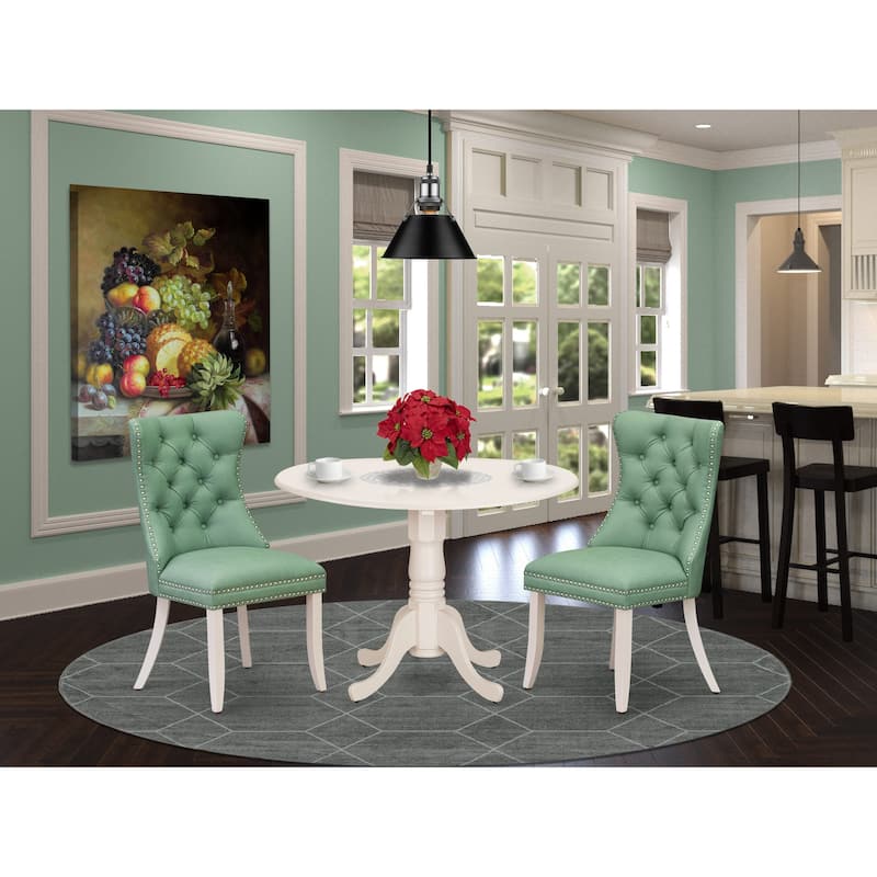 East West Furniture Kitchen Table Set Contains a Round Dining Table and Upholstered Chairs, Linen White (Pieces Options) - DLDA3-WHI-22