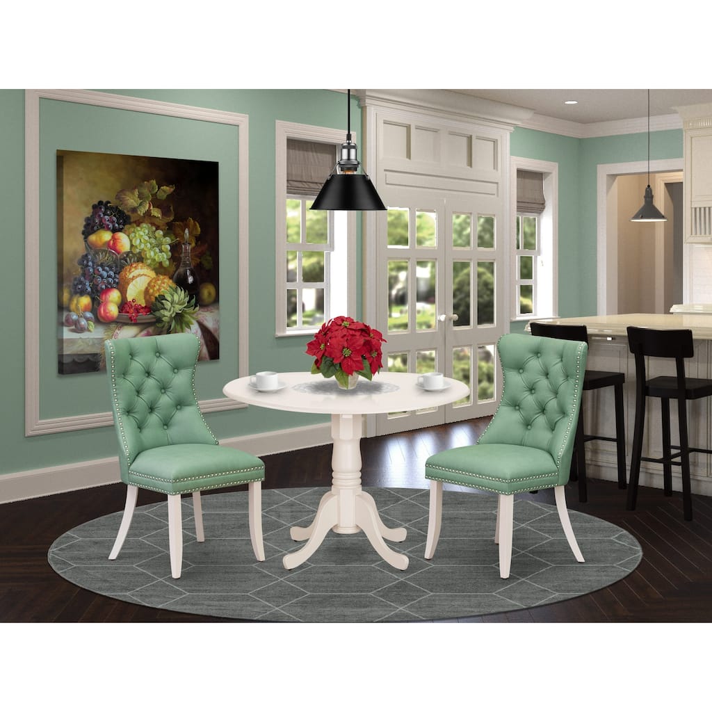 East West Furniture Kitchen Table Set Contains a Round Dining Table and Upholstered Chairs, Linen White (Pieces Options)