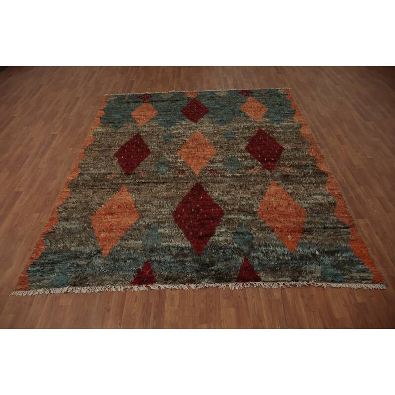 Hand Knotted Oriental 100% Wool Carpet Modern Tribal Brown Moroccan Area Rug - 10' 2'' X 7' 11''