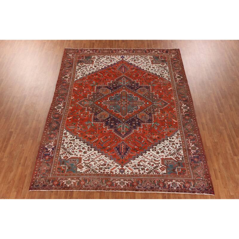 Hand Knotted Oriental 100% Wool Carpet Traditional Medallion Oranges & Rust Heriz Area Rug - 12' 9'' X 9' 10''