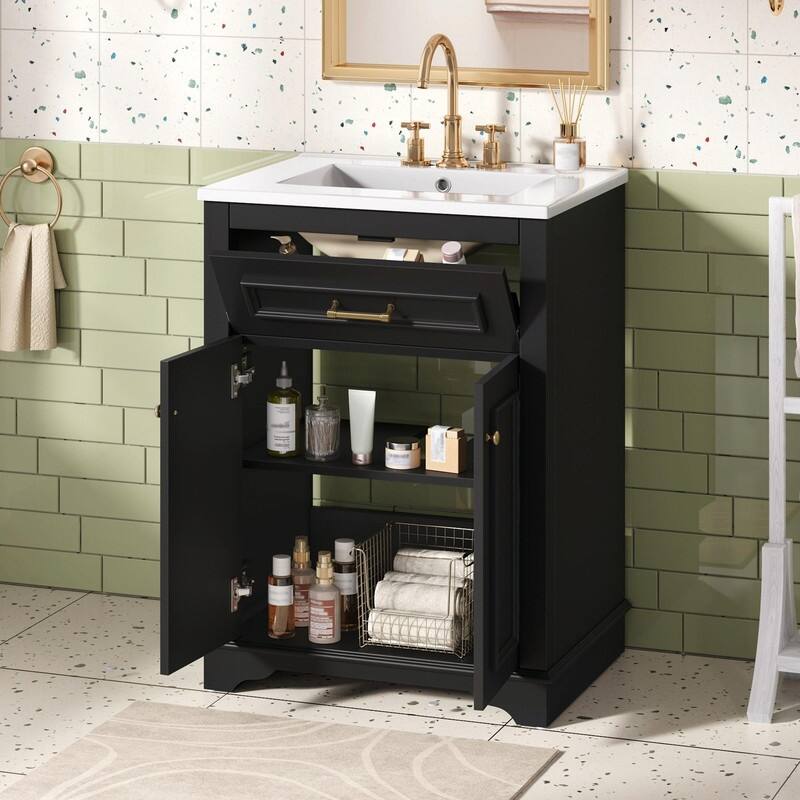 24" Bathroom Vanity with Integrated Ceramic Sink, Cabinet with 2 Doors and 1 Tip-Out Drawer, Single Sink Vanity
