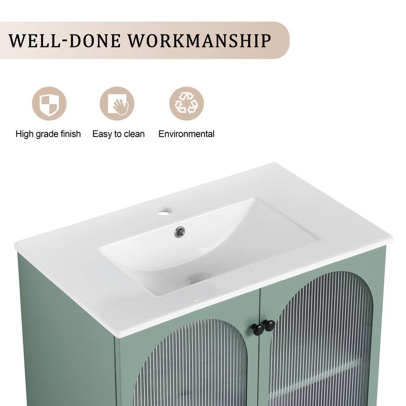Modern Freestanding Bathroom Vanity with Adjustable Shelves, Ceramic Sink, Acrylic Door, and Metal Handles - 30in L Steel