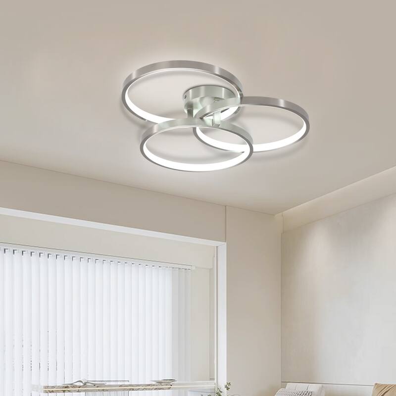 20" Modern LED Ceiling Light Fixture - Circular 3-Ring Design, Dimmable, Contemporary Brushed Nickel Finish for Living Room