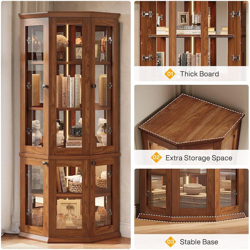 71 Inches Tall Corner Cabinet with Doors & LED Lights, Brown