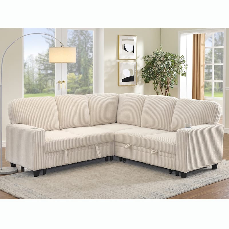 5-Seat Corduroy Storage Sectional Sofa Sleeper Couch with Pull-Out Bed