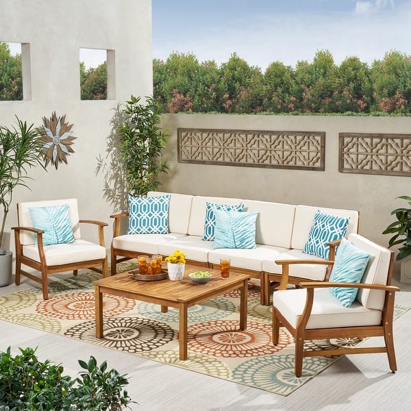 slide 2 of 6, Perla Acacia Wood 7-piece Outdoor Chat Set by Christopher Knight Home Teak + Cream