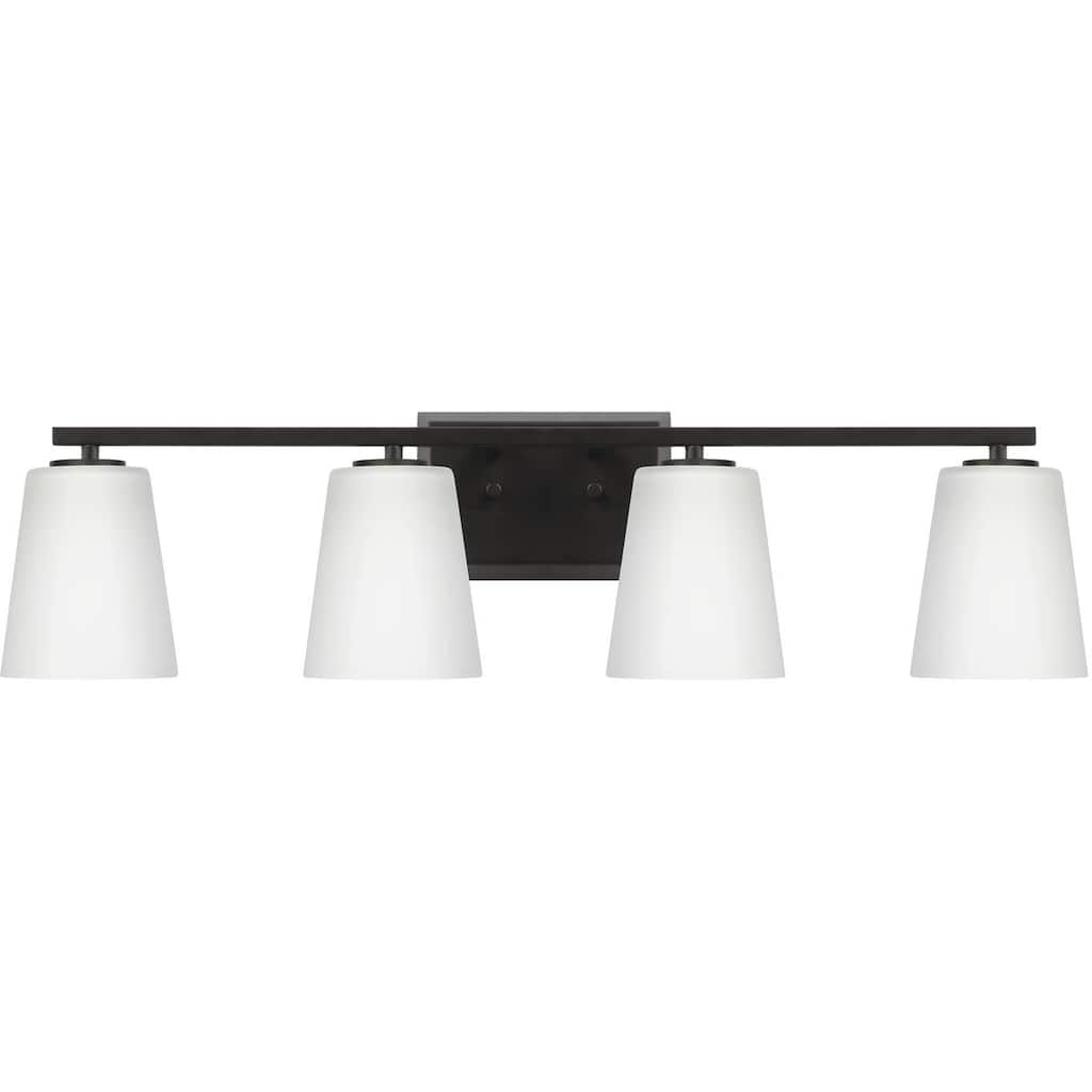 Vertex Collection Four-Light Matte Black Etched White Glass Contemporary Bath Light - 29 in x 6.25 in x 7.5 in