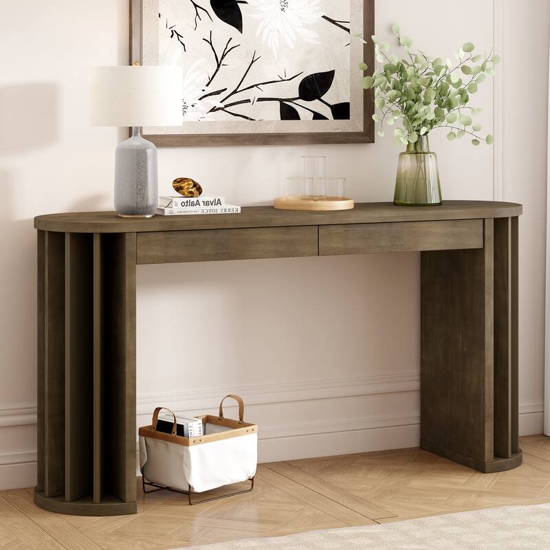59 Inch Extra Long Entryway Sofa Table, Vintage OAK Veneer Console Table with 2 Storage Drawers and Fan Shaped Legs