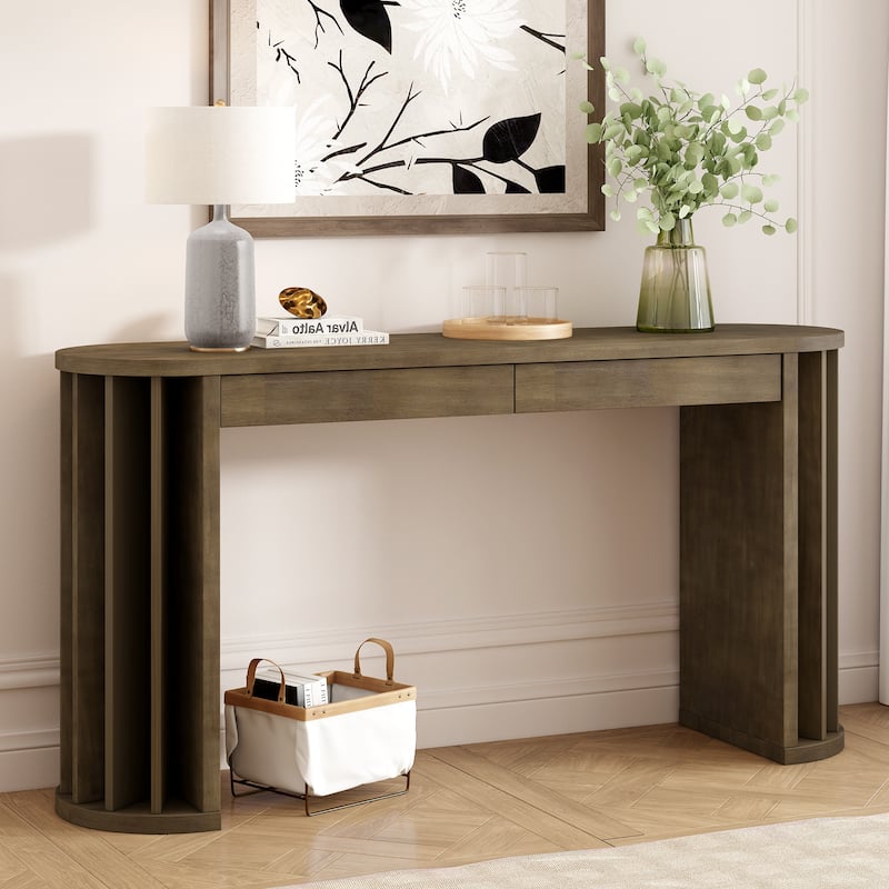 59-inch Long Console Table,Oak Veneer Sofa Table,Curved and Straight Line,Behind the Couch,Farmhouse Entryway Table - Natural