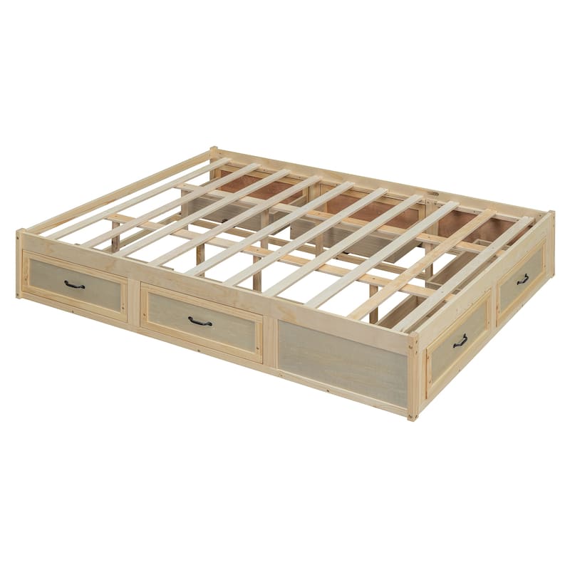 Queen Size Platform Bed Frame with 6 Built-In Storage Drawers, No Headboard, Low Profile Design in Antique