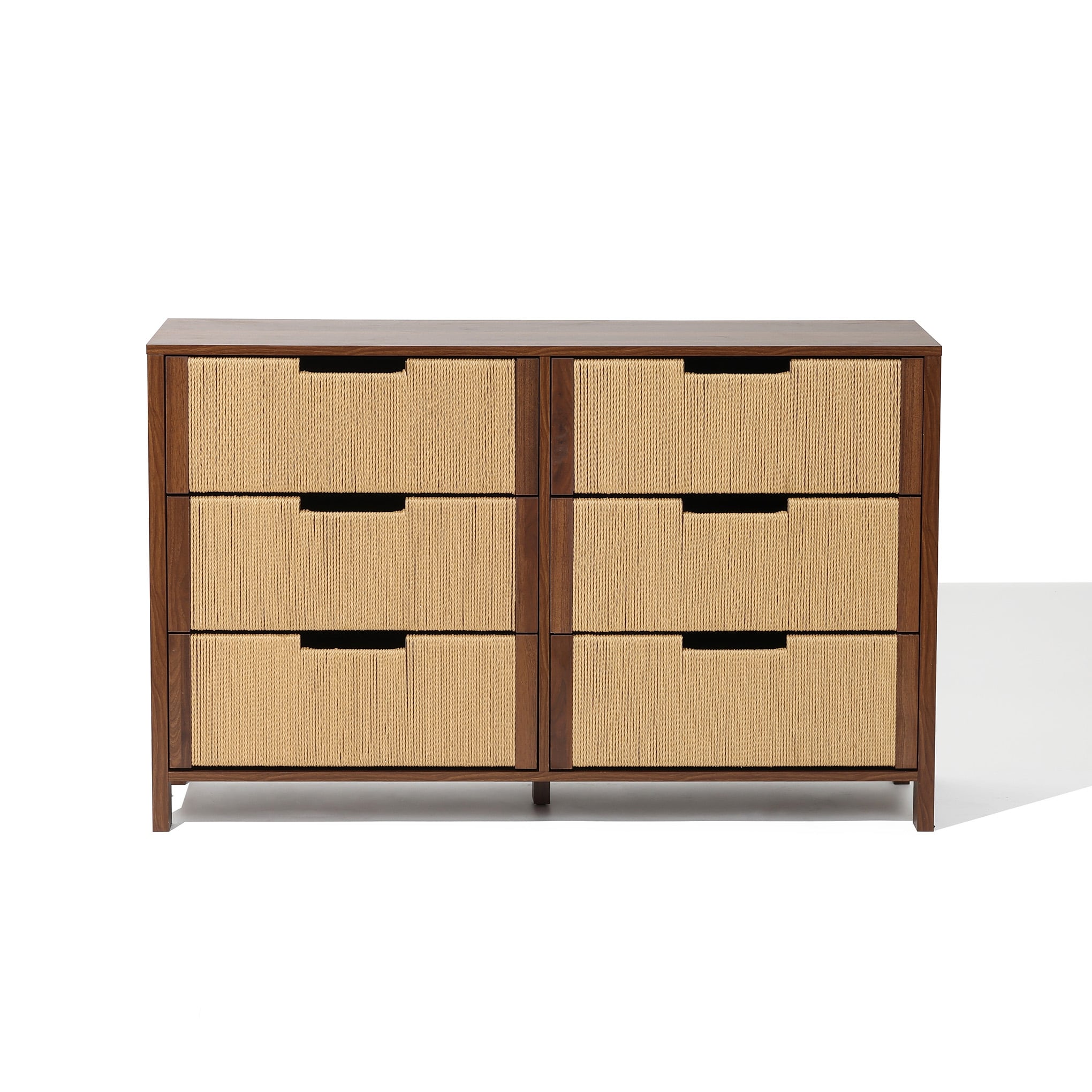 Walnut Finish MDF Wood with Rope Front 6-Drawer Horizontal Dresser