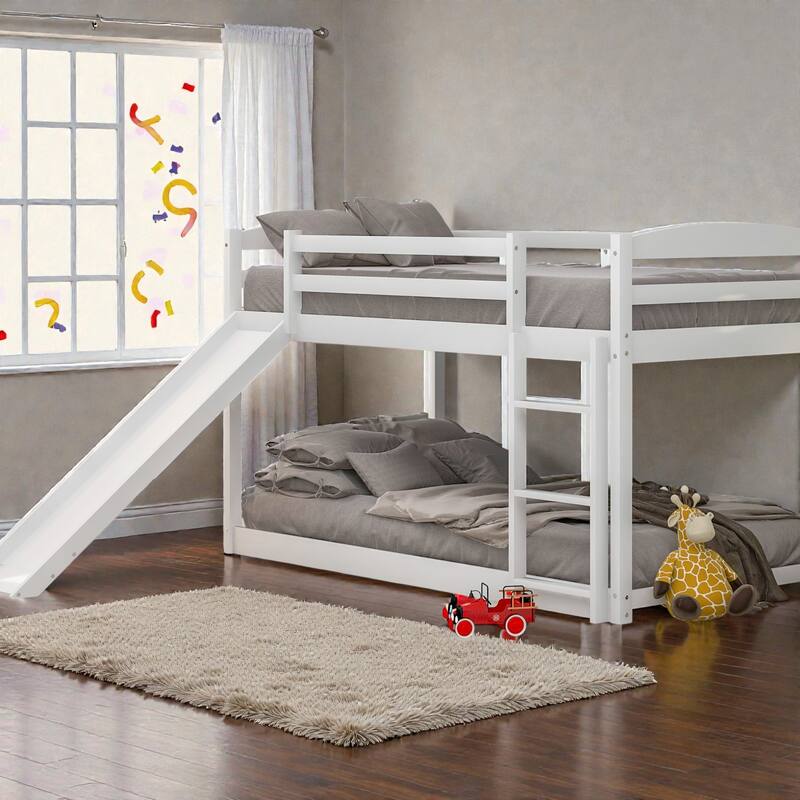 Twin over Twin Wooden Bunk Bed with Slide and Ladder, Convertible Design, Low Bunk Frame for Kids, Solid Pine & MDF