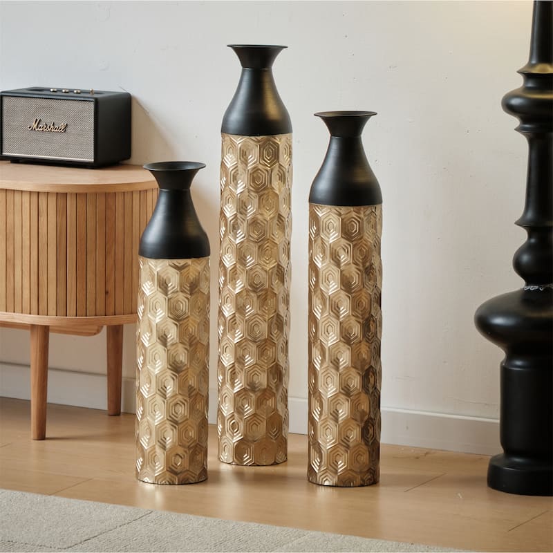 Decorated Floor Glazed Metal Vases (Set of 3)