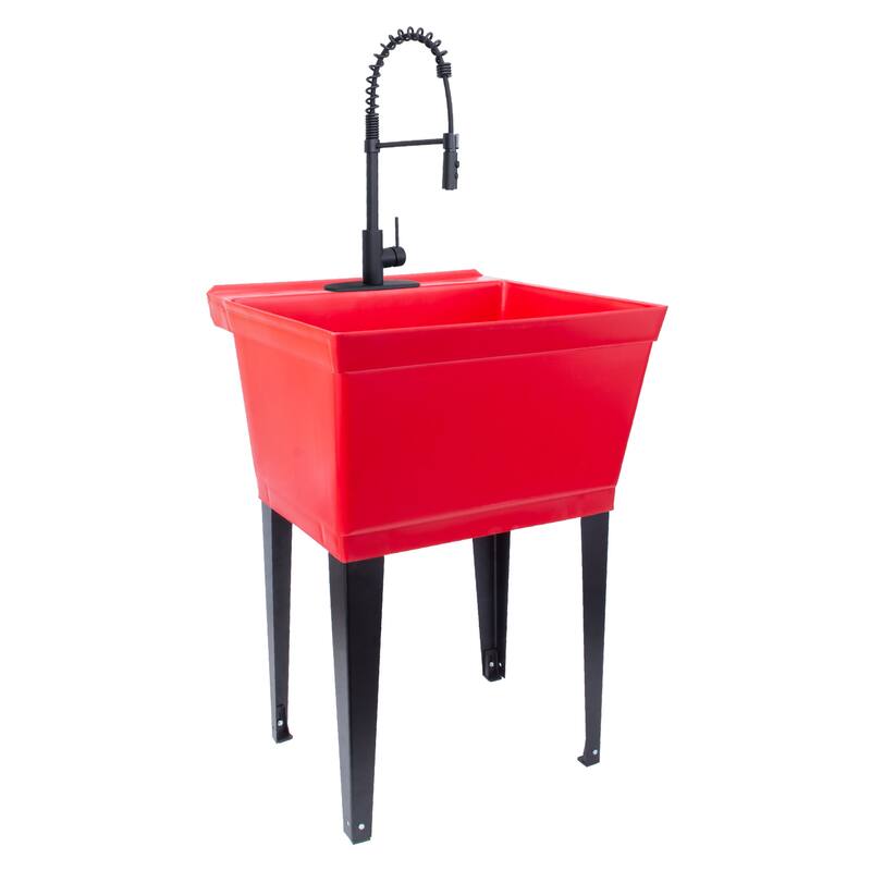 TEHILA Utility Sink Laundry Tub with Black High Arc Coil Faucet - Red