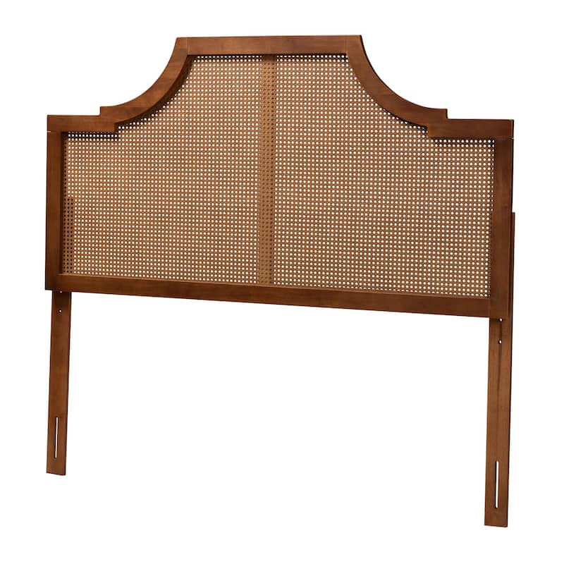 Risha Mid-Century Modern Ash Walnut Finished Wood and Rattan Headboard - King