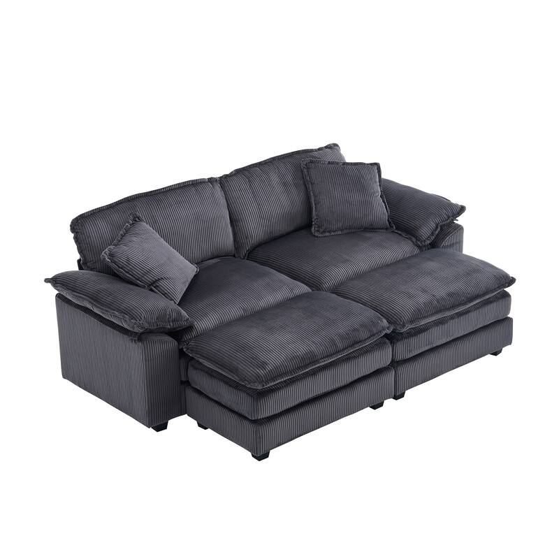 84.6" Corduroy 2-seats sofa With 2 back pillows,2 toss pillows and two ottoman