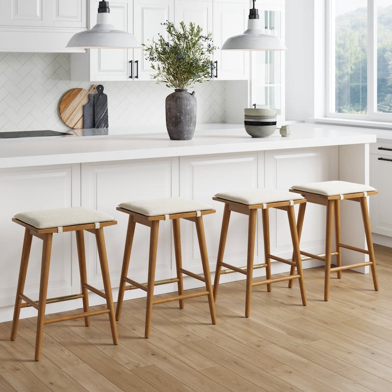 Barker Boucle Upholstered Barstool, Backless Counter Height Stool with Cushion - Set of 4 - Cream Boucle/Brown