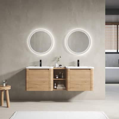 Wall-Mounted Bathroom Vanity with Ceramic Sink and Storage Shelves