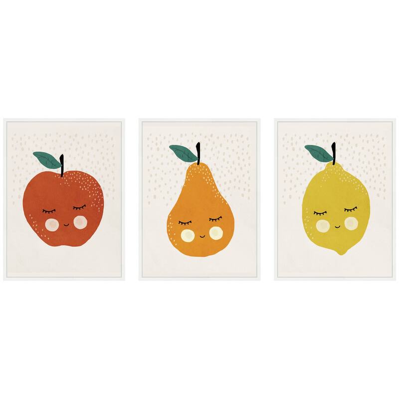 Kate and Laurel Cute Apple Lemon Pear 3 Piece Framed Canvas Wall Art Set by July Art Prints - 3 Piece Set 18x24 - White