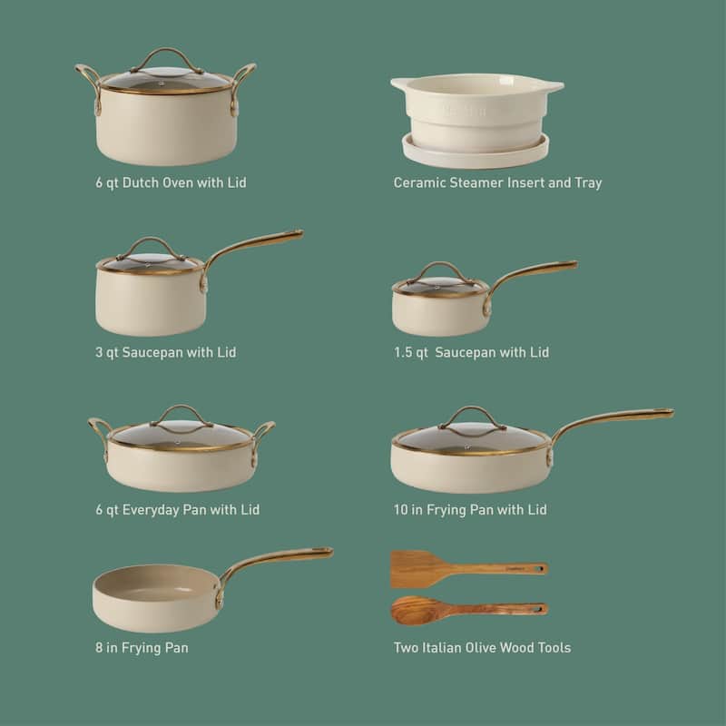 Bloomhouse 15 Piece Pots and Pans Heavy Duty Aluminum Premium PFA Free Ceramic Nonstick - Almond Cream with Gold Handle