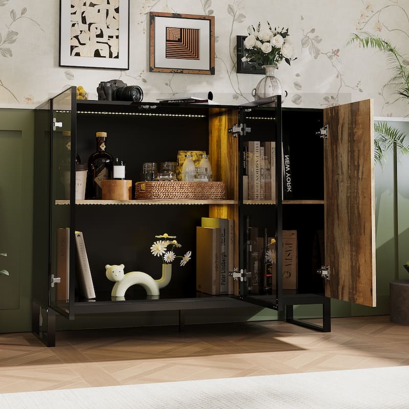 Sideboard Bookshelves Cabinet with LED Light,Glass Doors 47.2” Storage Display Cabinet - 47.2"W
