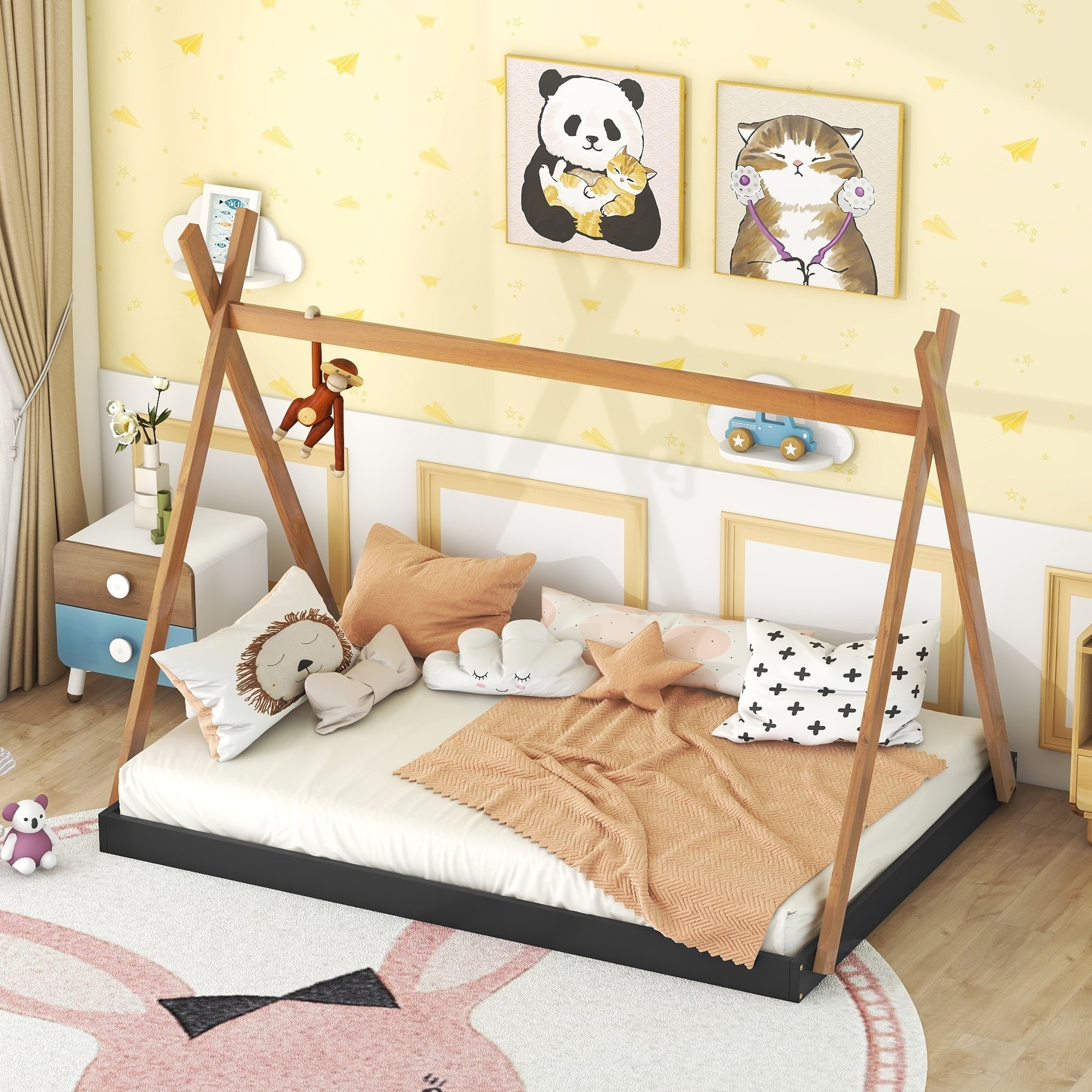 Full Size Floor Bed for Kids Full Teepee Bed Frame with Triangle Structure Wood Montessori Floor Bed for Girls Boys Bedroom