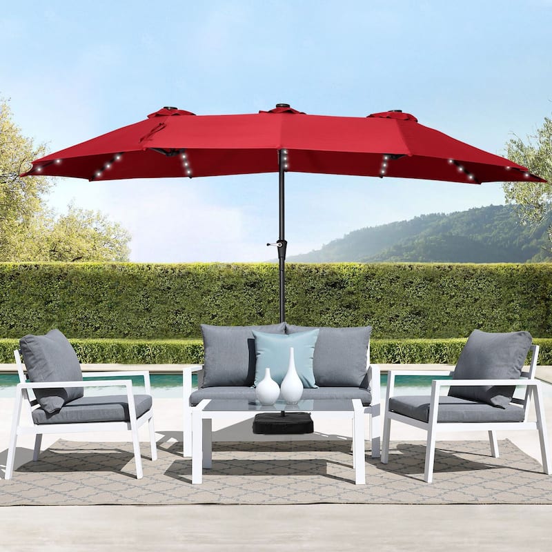 Ainfox 15-foot Double-sided Solar LED Lighted Patio Umbrella - Red+Base