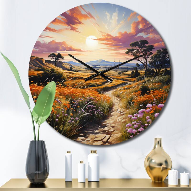 Designart "Green Pink Majestic Spin" Landscapes Oversized Wall Clock - 23 In. Wide x 23 In. High