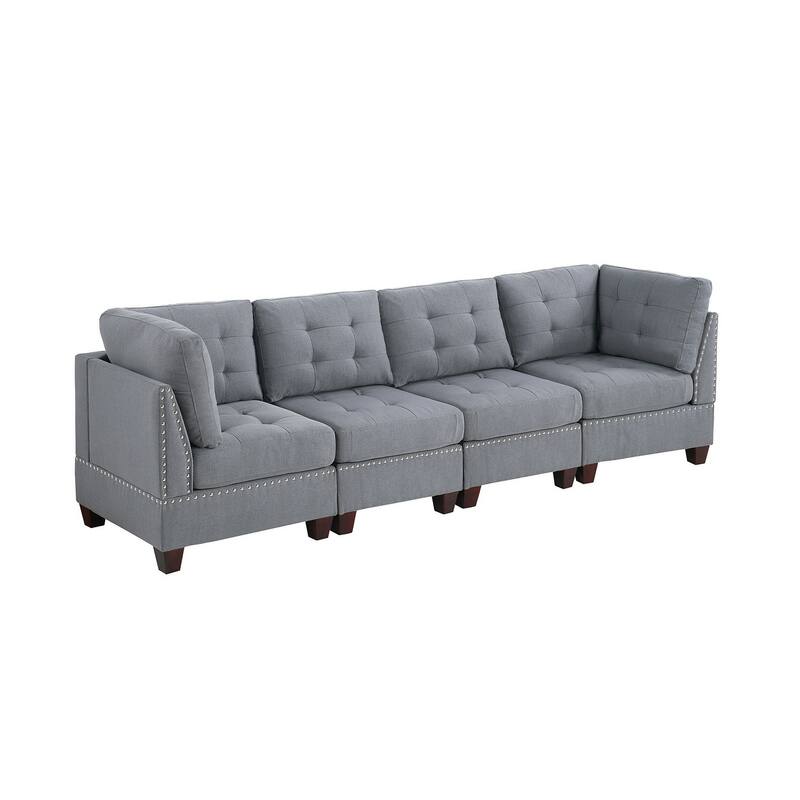 Living Room Furniture Tufted Armless Chair Grey Linen Like Fabric 1pc Armless Chair Cushion Nail heads Wooden Legs