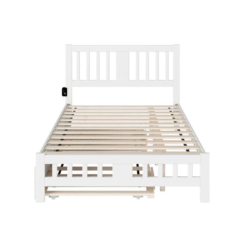 Full Bed with Trundle - White Wood Platform Bed Frame, Twin Size, Modern Design