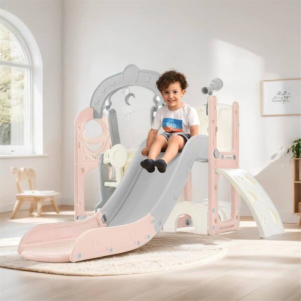 slide 2 of 2, Slide & Swing Set 5 in 1, Kids Climber Slide Playset with Telescope