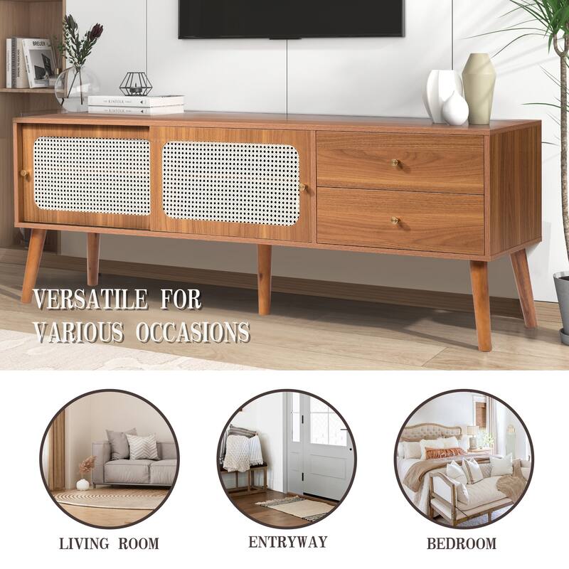 62.9"W Mid-Century TV Stand with Sliding Doors & Drawers, Entertainment Center TV Console Table with Rattan Doors, For 70"TV