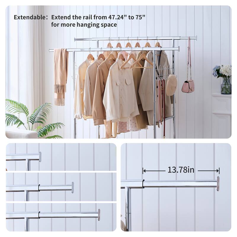 Adjustable and Extendable Double Clothing Garment Rack with Shelves
